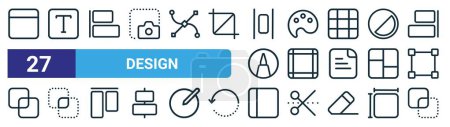 Illustration for Set of 27 outline web design icons such as layout, text box, align left, palette, margin, intersect, layout, exclude vector thin line icons for web design, mobile app. - Royalty Free Image