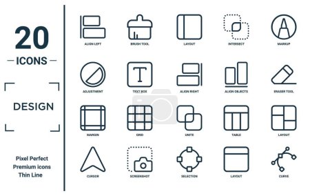 design linear icon set. includes thin line align left, adjustment, margin, cursor, curve, align right, layout icons for report, presentation, diagram, web design