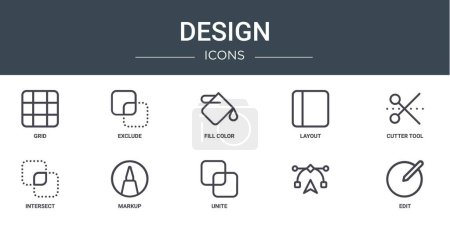 set of 10 outline web design icons such as grid, exclude, fill color, layout, cutter tool, intersect, markup vector icons for report, presentation, diagram, web design, mobile app