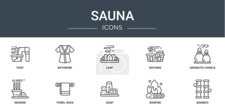 set of 10 outline web sauna icons such as foot, bathrobe, leaf, bathing, aromatic candle, incense, towel rack vector icons for report, presentation, diagram, web design, mobile app
