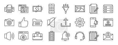 conjunto de 24 iconos de elementos básicos de la web esquema tales como impresora, pestañas, batería completa, aplicaciones, embudo, foto, componer iconos vectoriales para el informe, presentación, diagrama, diseño web, aplicación móvil