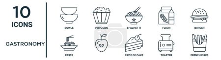 Téléchargez les illustrations : Ensemble d'icônes de contour gastronomique tels que bols à ligne mince, spaghettis, hamburger, grille-pain, feux français, icônes de pâtes pour rapport, présentation, diagramme, conception web - en licence libre de droit