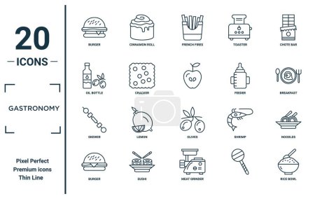 Téléchargez les illustrations : Gastronomie icône linéaire ensemble. comprend hamburger ligne mince, bouteille d'huile, brochette, hamburger, bol de riz,, icônes de nouilles pour rapport, présentation, diagramme, conception web - en licence libre de droit