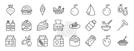 set of 24 outline web gastronomy icons such as turnip, burger, ice cream, vegetable, orange, napkin, orange vector icons for report, presentation, diagram, web design, mobile app