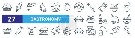 set of 27 outline web gastronomy icons such as burger, ice cream cone, shrimp, skewer, sushi, carrot, sandwich, vector thin line icons for web design, mobile app.