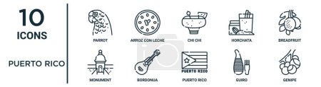 Illustration for Puerto rico outline icon set such as thin line parrot, chi chi, breadfruit, bordonua, guiro, genipe, monument icons for report, presentation, diagram, web design - Royalty Free Image