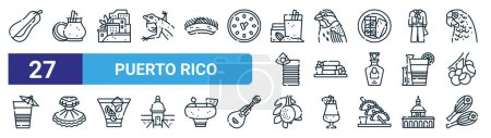 Satz von 27 Umrissen Web Puerto Rico Symbole wie Papaya, Coquito, Puerto Rico, Spindalis, Sorullo, Kleid, Brotfrucht, Maracas Vektor Thin Line Symbole für Web-Design, mobile App.