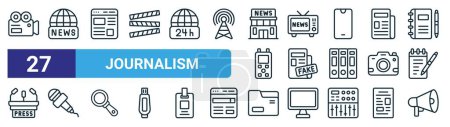 set of 27 outline web journalism icons such as filming, world news, blog, news, fake, microphone, folder management, megaphone vector thin line icons for web design, mobile app.