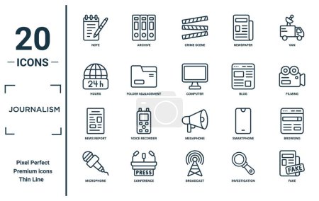 journalism linear icon set. includes thin line note, hours, news report, microphone, fake, computer, browsing icons for report, presentation, diagram, web design