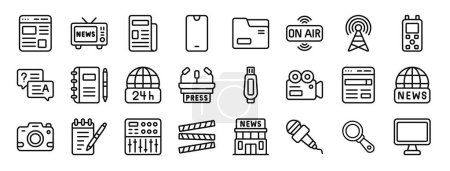 set of 24 outline web journalism icons such as blog, news, newspaper, smartphone, folder management, on air, broadcast vector icons for report, presentation, diagram, web design, mobile app