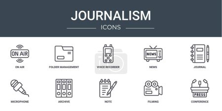 set of 10 outline web journalism icons such as on air, folder management, voice recorder, news, journal, microphone, archive vector icons for report, presentation, diagram, web design, mobile app