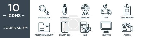 periodismo esquema conjunto de iconos incluye la investigación de línea delgada, unidad USB, difusión, van, identificación, gestión de carpetas, iconos de teléfonos inteligentes para el informe, presentación, diagrama, diseño web