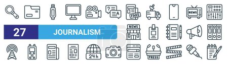 set of 27 outline web journalism icons such as investigation, folder management, usb drive, van, identification, voice recorder, browsing, note vector thin line icons for web design, mobile app.