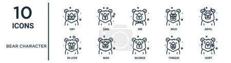 bear character outline icon set such as thin line cry, sir, devil, mad, tongue, hurt, in love icons for report, presentation, diagram, web design