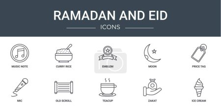 set of 10 outline web ramadan and eid icons such as music note, curry rice, emblem, moon, price tag, mic, old scroll vector icons for report, presentation, diagram, web design, mobile app