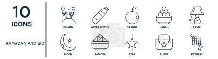 conjunto de iconos de esquema de ramadán y eid como isla de línea delgada, naranja, lámpara, samosa, bolso, ketupat, iconos de la luna para el informe, presentación, diagrama, diseño web