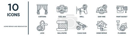 home repair and renovation outline icon set such as thin line curtains, drill, paint bucket, wallpaper, home repair, plumbing, lock icons for report, presentation, diagram, web design