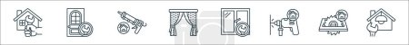 outline set of home repair and renovation line icons. linear vector icons such as home repair, door, caulk gun, curtains, window, drill, saw hine, home repair