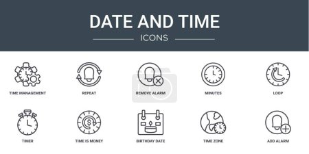 conjunto de 10 iconos de la fecha y hora web esquema, tales como la gestión del tiempo, repetir, eliminar la alarma, minutos, bucle, temporizador, tiempo es iconos de vectores de dinero para el informe, presentación, diagrama, diseño web, aplicación móvil
