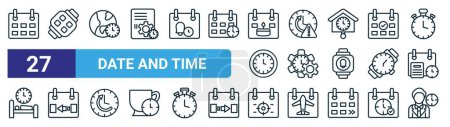 set of 27 outline web date and time icons such as calendar, smartwatch, time zone, alert, time management, yesterday, target, work vector thin line icons for web design, mobile app.