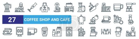 set of 27 outline web coffee shop and cafe icons such as moka pot, barista, milk frother, scoop, service, number, french press, cashier vector thin line icons for web design, mobile app.