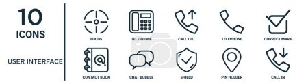 user interface outline icon set such as thin line focus, call out, correct mark, chat bubble, pin holder, call in, contact book icons for report, presentation, diagram, web design