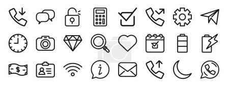 set of 24 outline web user interface icons such as call in, chat bubble, unlock, calculator, correct mark, missed call, gear vector icons for report, presentation, diagram, web design, mobile app