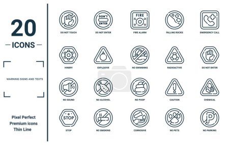 warning signs and texts linear icon set. includes thin line do not touch, hinery, no sound, stop, no parking, no swimming, chemical icons for report, presentation, diagram, web design