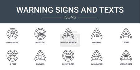 set of 10 outline web warning signs and texts icons such as do not enter, speed limit, chemical weapon, two ways, lifting, no pets, harmful vector icons for report, presentation, diagram, web