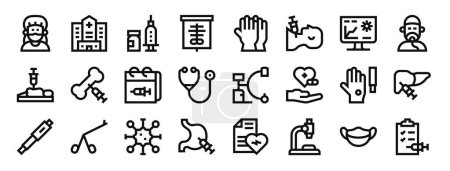 conjunto de 24 contorno web biopsias iconos como médico, hospital, anestesia, rayos X, guantes, cuello, análisis de iconos vectoriales para el informe, presentación, diagrama, diseño web, aplicación móvil