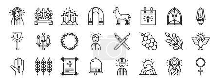set of 24 outline web holy week icons such as mother, holy week, holy week, stole, donkey, window vector icons for report, presentation, diagram, web design, mobile app