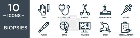 Téléchargez les illustrations : Biopsies ensemble d'icônes de contour comprend la peau de ligne mince, stéthoscope, pinces, moelle osseuse, aiguille, poinçon, icônes du cerveau pour rapport, présentation, diagramme, conception web - en licence libre de droit