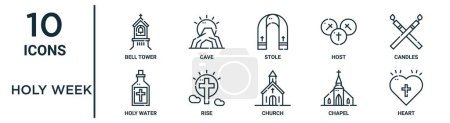 holy week outline icon set such as thin line bell tower, stole, candles, rise, chapel, heart, holy water icons for report, presentation, diagram, web design