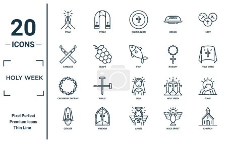 Heilige Woche lineares Symbol gesetzt. enthält dünne Linie beten, Kerzen, Dornenkrone, Räuchergefäß, Kirche, Fische, Höhlensymbole für Bericht, Präsentation, Diagramm, Webdesign