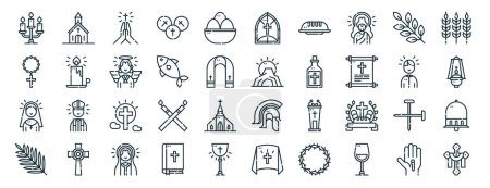 Ilustración de Conjunto de 40 iconos web contorno semana santa como la iglesia, rosario, monja, palma, sacerdote, trigo, iconos de ventana para el informe, presentación, diagrama, diseño web, aplicación móvil - Imagen libre de derechos