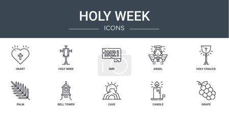 set of 10 outline web holy week icons such as heart, holy week, inri, angel, holy chalice, palm, bell tower vector icons for report, presentation, diagram, web design, mobile app