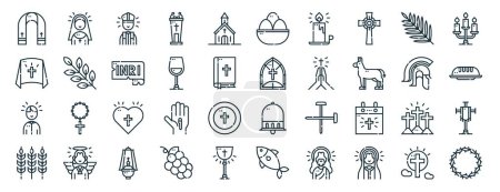 set of 40 outline web holy week icons such as nun, holy week, priest, wheat, roman helmet, candelabra, eggs icons for report, presentation, diagram, web design, mobile app