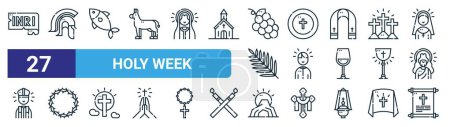 set of 27 outline web holy week icons such as inri, roman helmet, fish, communion, priest, crown of thorns, cave, scroll vector thin line icons for web design, mobile app.