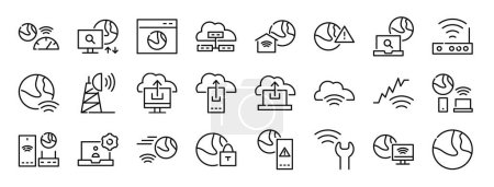set of 24 outline web internet access icons such as speed test, internet, web page, data center, internet of things, disconnect, vector icons for report, presentation, diagram, web design, mobile