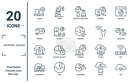 internet access linear icon set. includes thin line laptop, internet, upload, data center, wifi, browser, wifi icons for report, presentation, diagram, web design