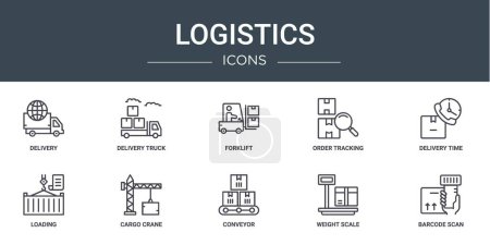 set of 10 outline web logistics icons such as delivery, delivery truck, forklift, order tracking, delivery time, loading, cargo crane vector icons for report, presentation, diagram, web design,