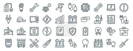 set of 40 outline web electricity icons such as led light, electric plug, resistor, electric meter, electric panel, danger, hdmi cable icons for report, presentation, diagram, web design, mobile app