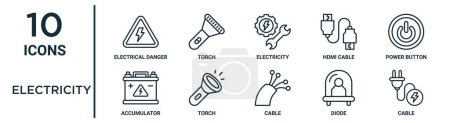 electricity outline icon set such as thin line electrical danger, electricity, power button, torch, diode, cable, accumulator icons for report, presentation, diagram, web design
