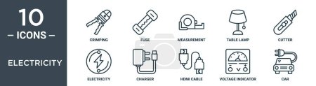 electricity outline icon set includes thin line crimping, fuse, measurement, table lamp, cutter, electricity, charger icons for report, presentation, diagram, web design