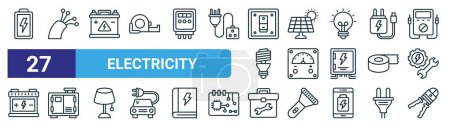 set of 27 outline web electricity icons such as battery, cable, accumulator, solar panel, voltmeter, microwave, tool box, crimping vector thin line icons for web design, mobile app.