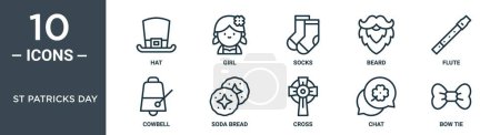 st patricks day outline icon set includes thin line hat, girl, socks, beard, flute, cowbell, soda bread icons for report, presentation, diagram, web design
