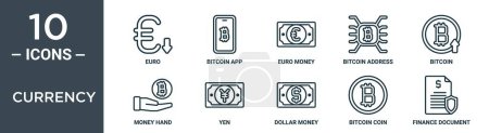 currency outline icon set includes thin line euro, bitcoin app, euro money, bitcoin address, bitcoin, money hand, yen icons for report, presentation, diagram, web design