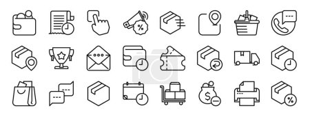 set of 24 outline web ecommerce icons such as cash, transaction history, click, discount, parcel, location, shopping basket vector icons for report, presentation, diagram, web design, mobile app