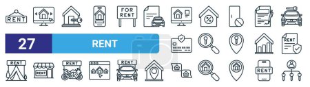 set of 27 outline web rent icons such as rent, home, home, discount, real estate, store, chat, landlord vector thin line icons for web design, mobile app.