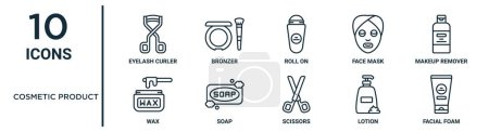 cosmetic product outline icon set such as thin line eyelash curler, roll on, makeup remover, soap, lotion, facial foam, wax icons for report, presentation, diagram, web design